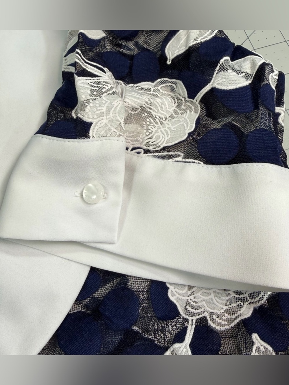 Anne Fontaine Christy Lace Blouse Navy Polka Dot Mesh Floral Shawl Collar L / 44 - Picture 14 of 16